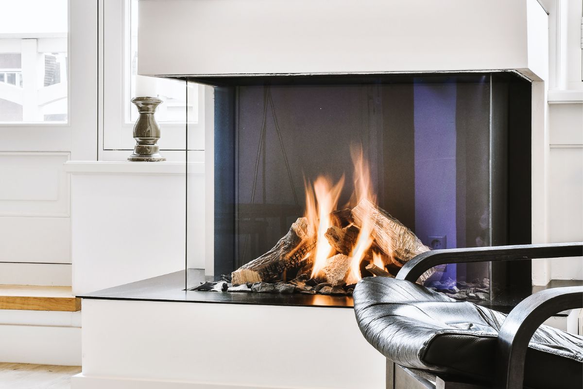 modern 3 sided fireplace glass