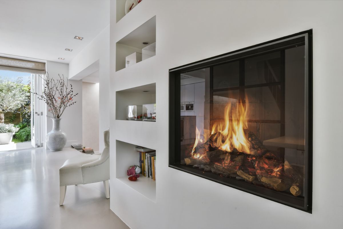 glass fronted fireplace in modern design
