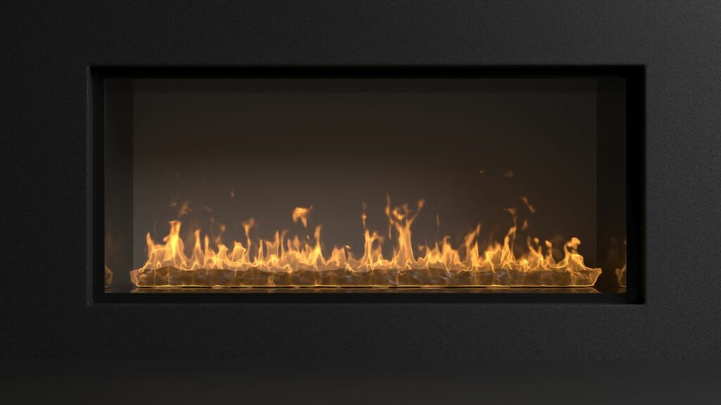 Linear Bio Ethanol fireplace. Black burner. Flame burning brightly.