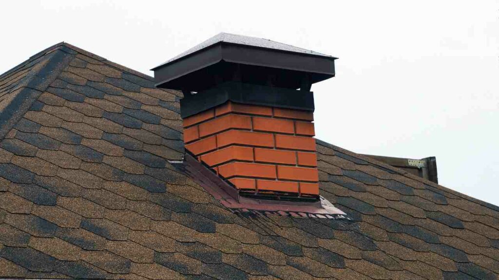 Red brick chimney with chimney cap. on roof.