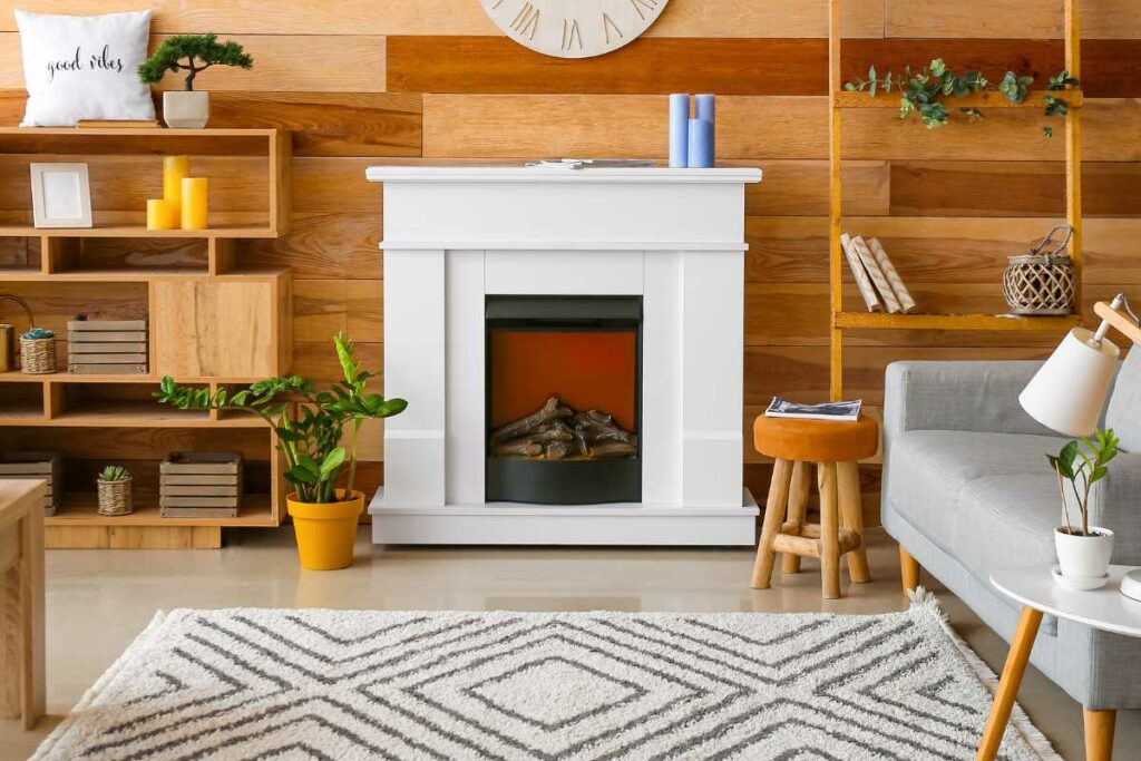 GAs fireplace, white mantel. Wood walls. rug carpet.large clock above the fireplace. candles on the mantel.