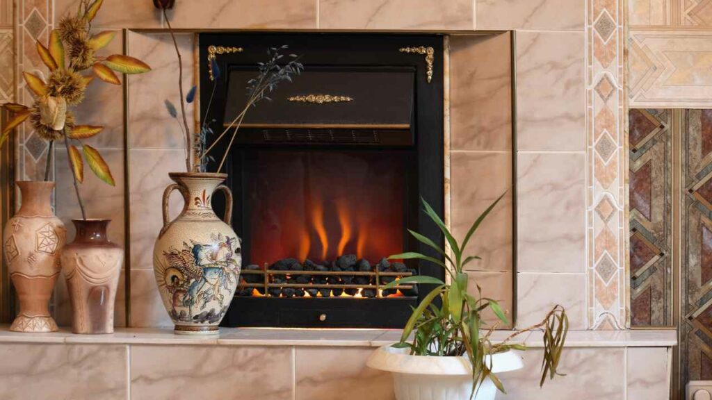 Elelctric fireplace. Faux coal on the bottom. Flame effect. Pottery displayed in front of the fire and a plant in a white pot to the side.