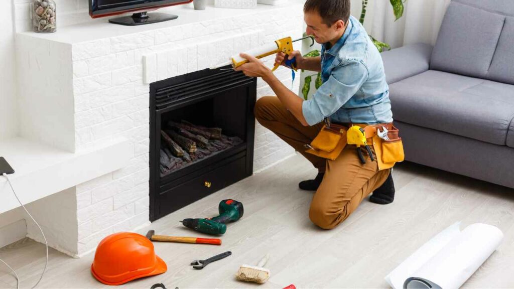 Installing a fireplace insert. man sealing the fireplace to the white brick surround.