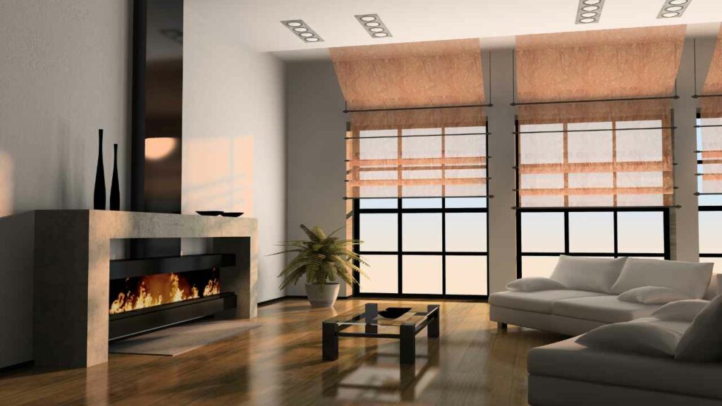 Modern water vapor fireplace. Wood floor. Large windows. Chairs in front of the fireplace.