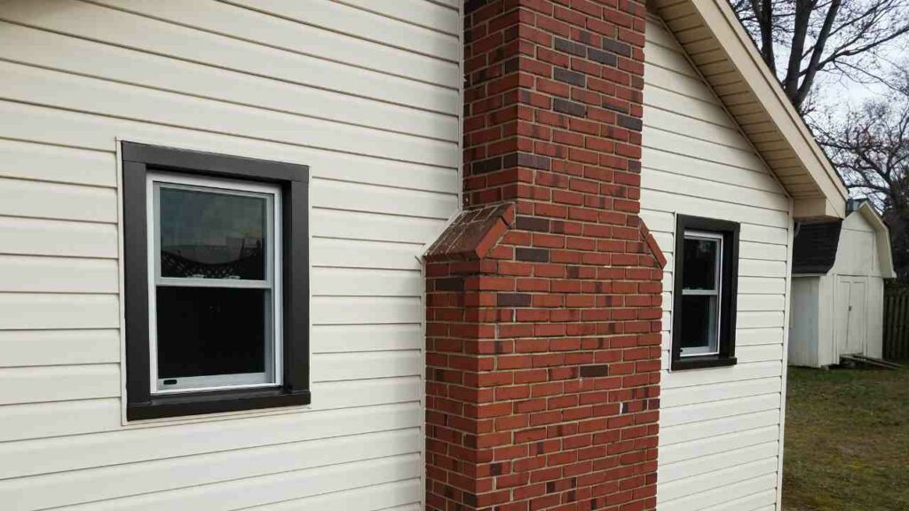 Red brick chimney. Seen from outside. White wood walls. 2 windows either side of the chimney.