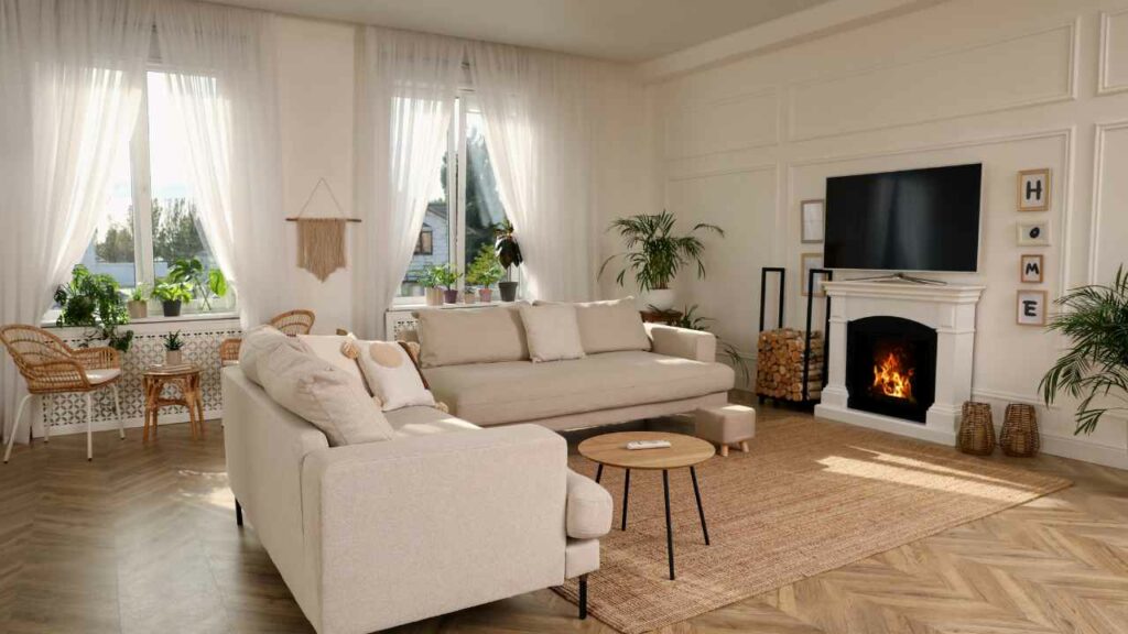 Tv with fireplace below. Wood floor. Beize sofa in front of the fireplace.