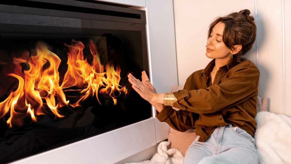 Zero clearance fireplace with wonam sitting in front warming her hands.