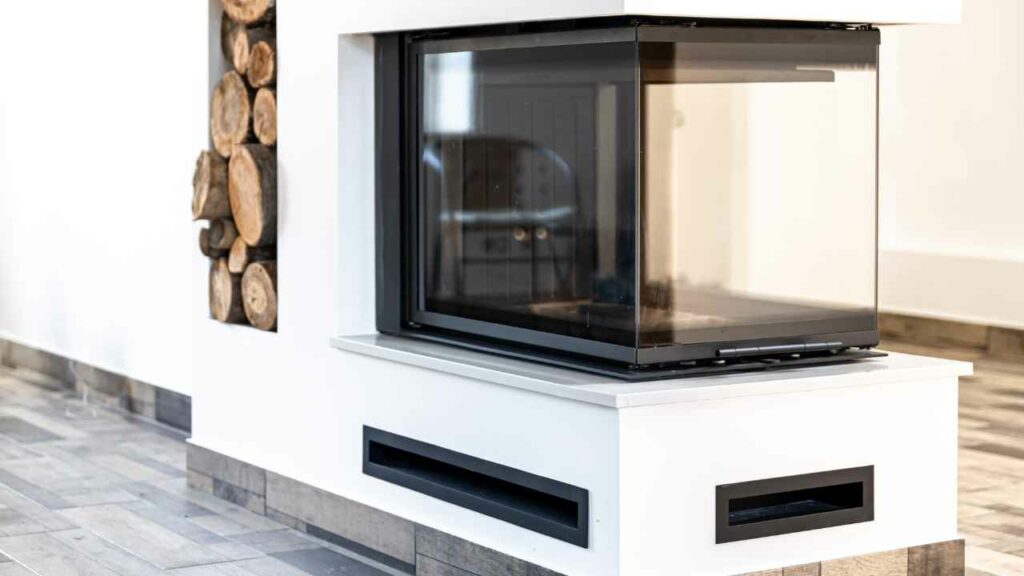 3 sided modern wood burning fireplace. Glass box with wood storage to the side. Whits walls.