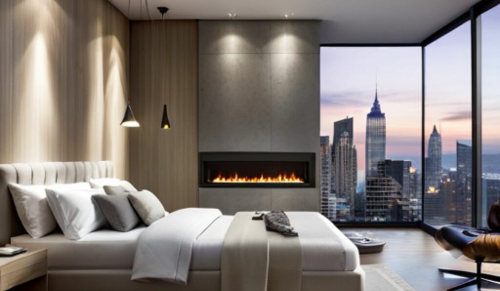 Electric fireplace in a modern bedroom