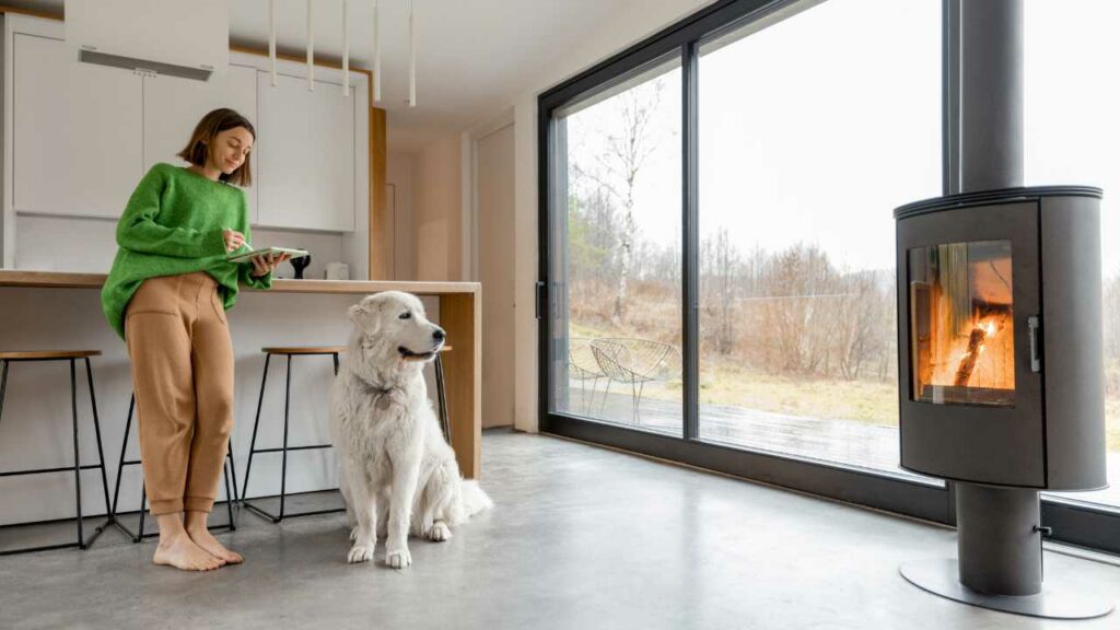 Floor to ceiling fireplace in the kitchen