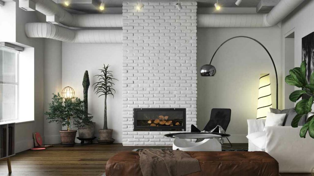 Electric fireplace inser with wood decro and white brick walls. wood flooring.