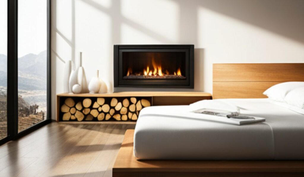Modern bedroom with a gas fireplace and log decoration