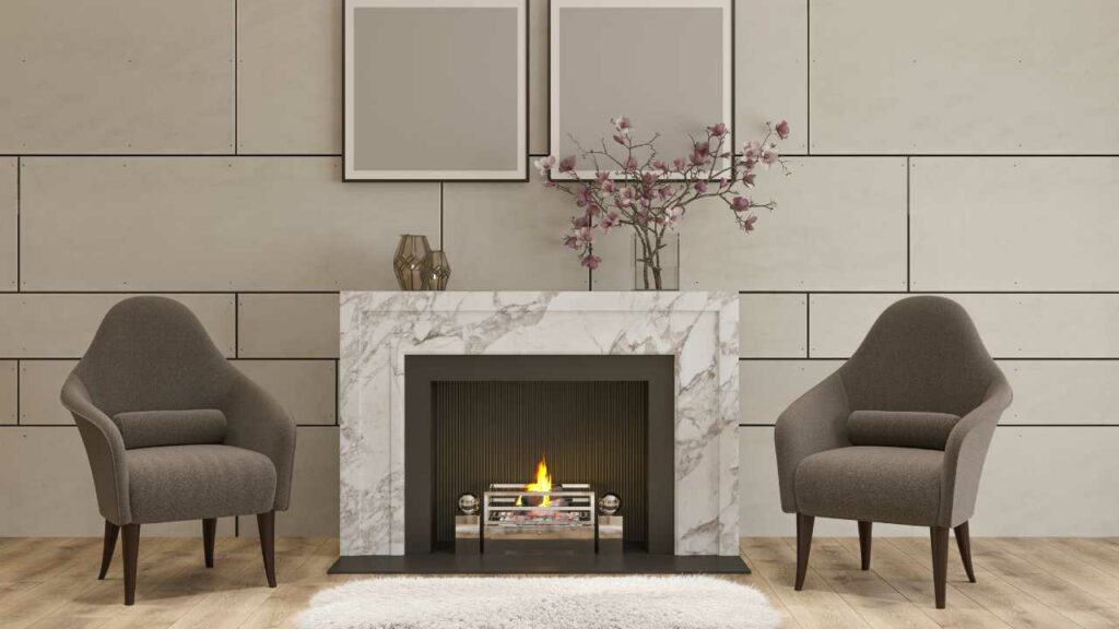 Modern marble fireplace with twoi mirrors above. Two seats either side of the fireplace.
