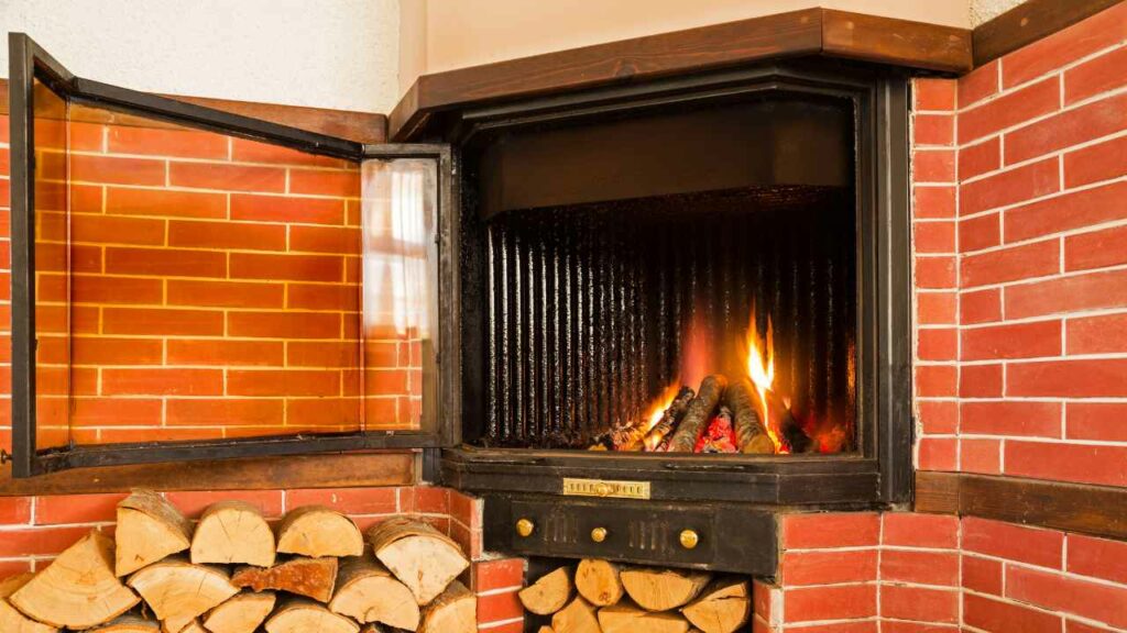 Basement fireplace. Wodd burning with glass door. Red brick surround with wood store under and to the left.