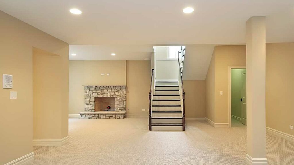 Stone basement fireplace and hearth. Stairs leading from ground floor.