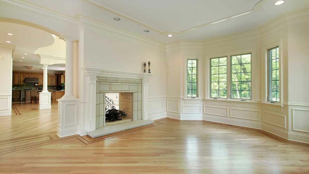 wood burning double-seided fireplace with wood flooring