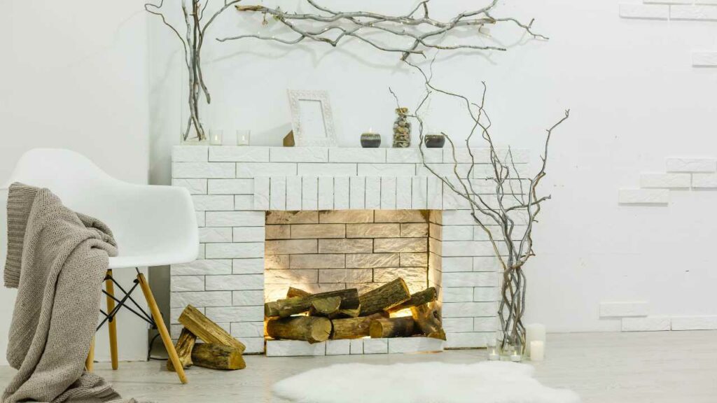 Boho styled fireplace with white brick surround. Logs in fire with twig artwork surrounding the fireplace to the side and above. White rug in front of the fireplace.