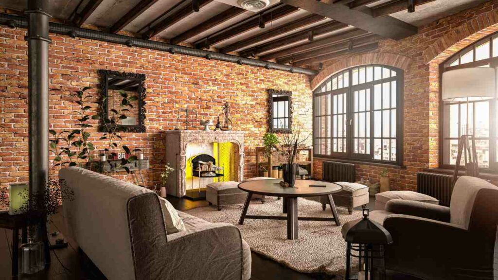 Fireplace with mirrors either side. Sofa and chairs on large cream rug. Small coffee table with plant in front of the fire. Brick wall and large windows.