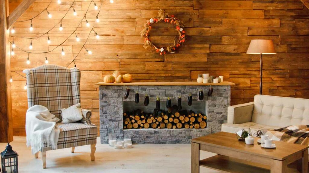 empty fireplace with wood logs stacked. wood paneled walls. mantel with candles. chairs in front of the fire.