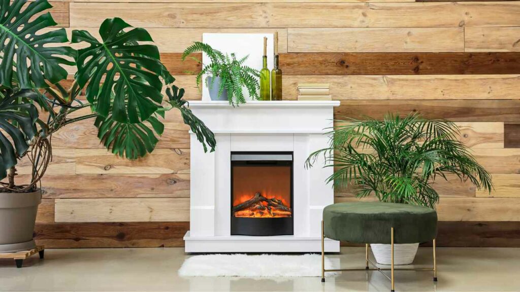 Plants surrounding an electric fireplace. wood walls.