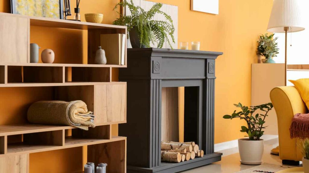 Creating a fireplace accent wall. Unused black fireplace with wood logs,  custom made shelving to one side. plant pot on the floor and on the mantel.