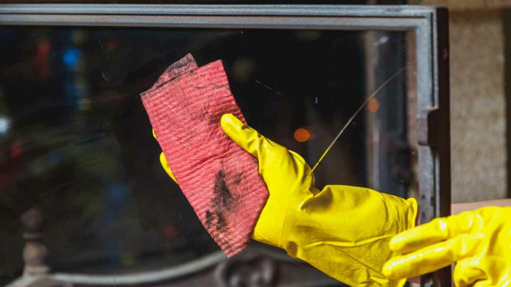 Hand and arm in yellow glove, holding cloth. Cleaning glass door to a wood burning fireplace.