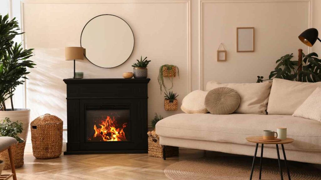 electric fireplace with black fireplace surround. large cream sofa to the side and circular mirror above.