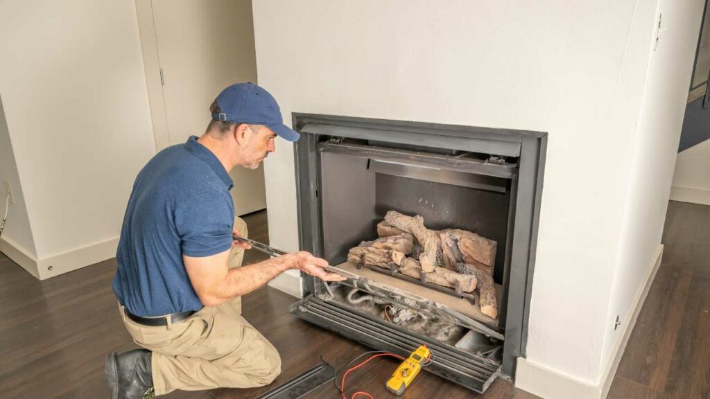 Man cleaning gas fireplace