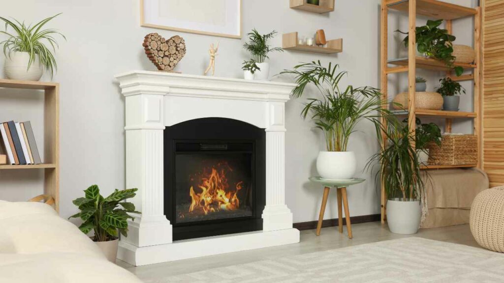 Electric fireplace. White fireplace surround. Plants surrounding the fireplace.