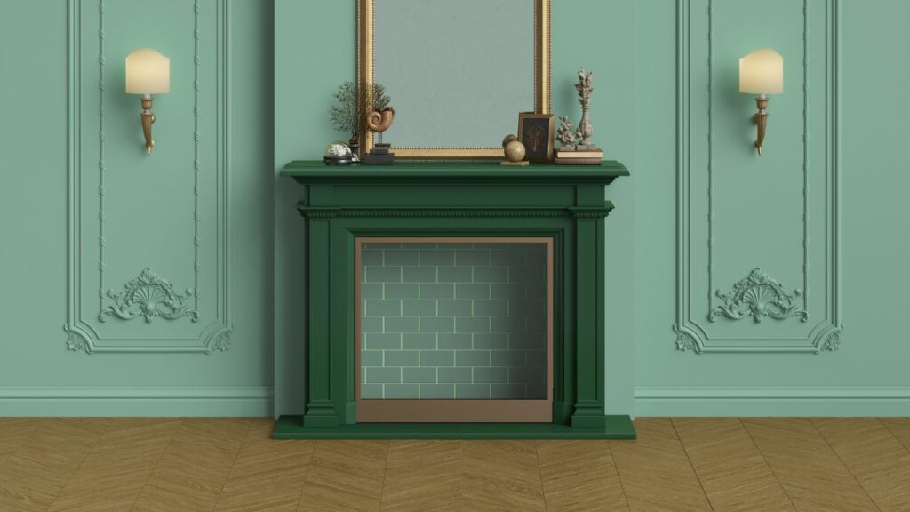 Green ffireplace surround with lighter shade green walls. two wall hanging lamps either side.