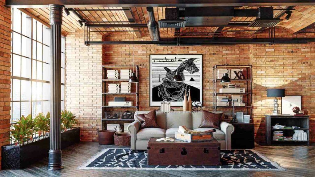Industrial ducts mixed with modern red brick walls. eclectic.