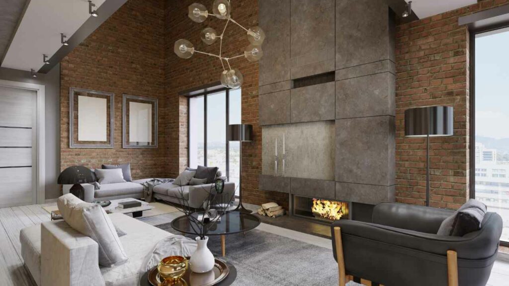 Industrial fireplace. concrete surround. red brick wall. 