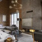 Industrial fireplace. concrete surround. red brick wall.