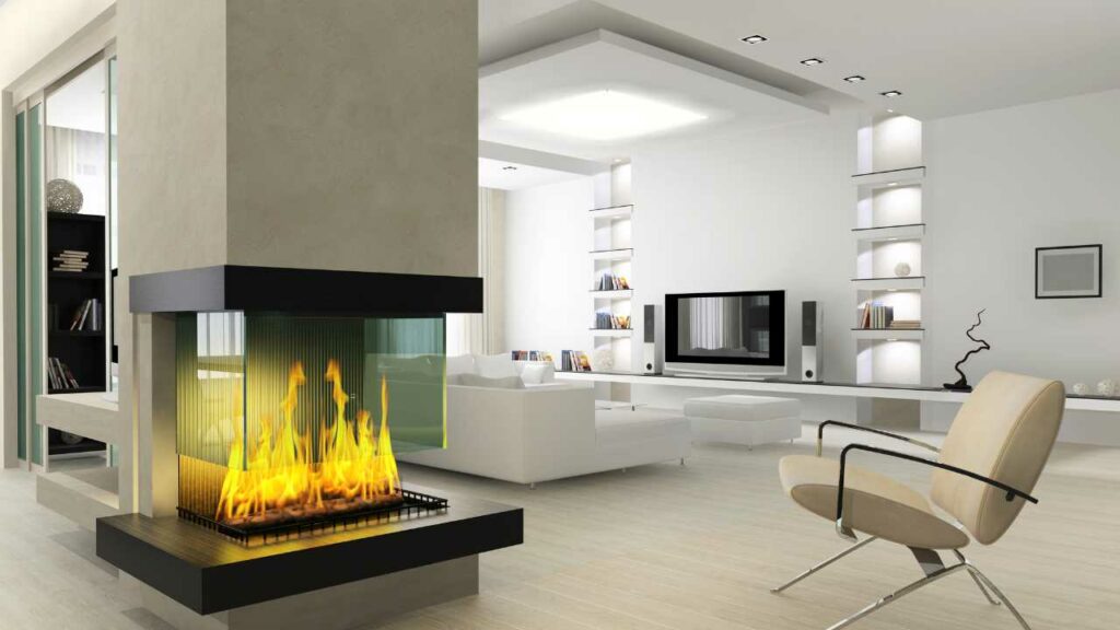 MNodern wood burning fireplace in the centre of a modern living room.