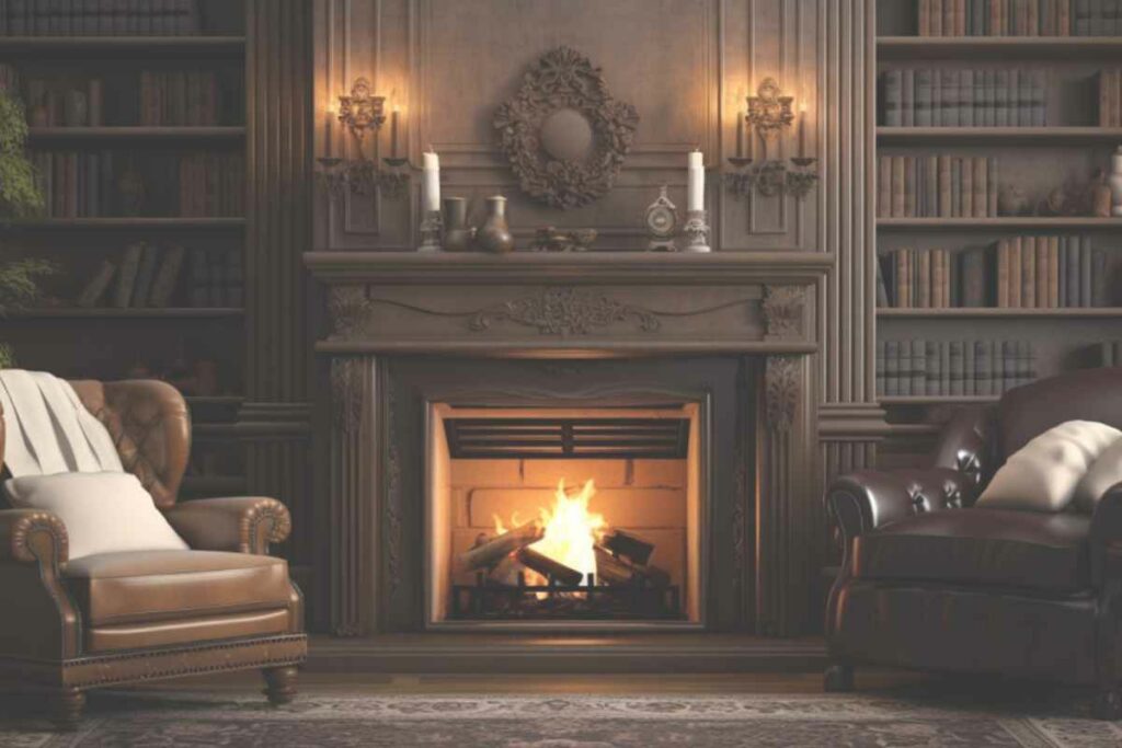Wood burning fireplace with book shelves either side. Compfy leather seating in front