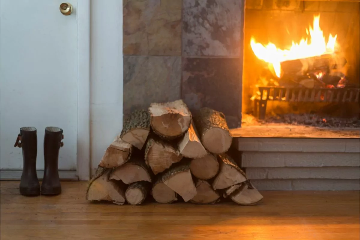 fireplace with wood burning and logs
