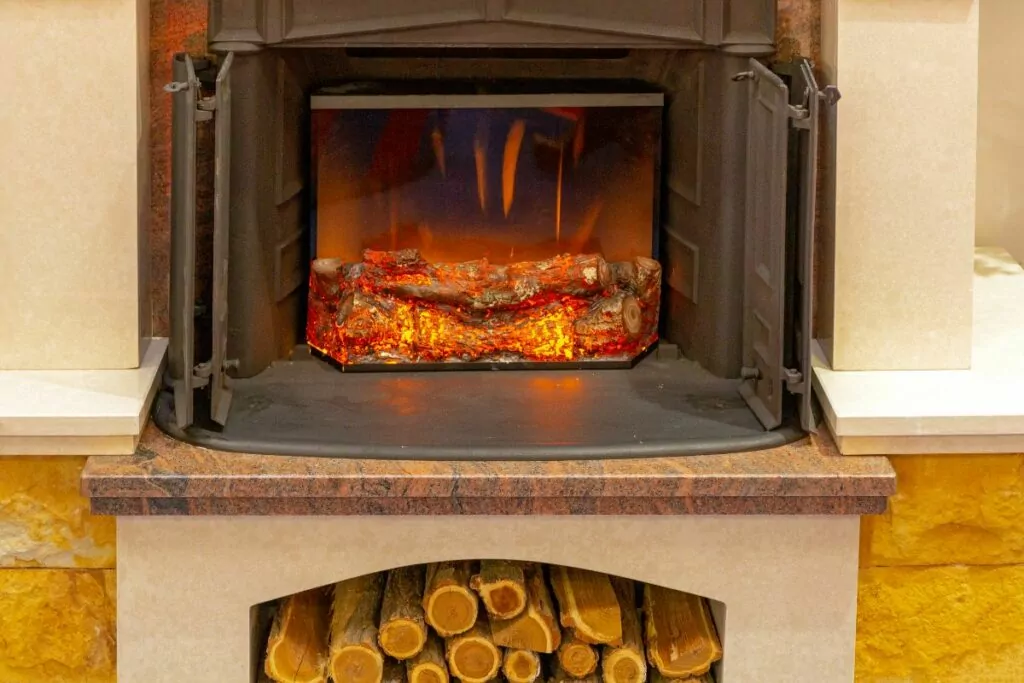 fireplace with metal doors and logs underneath