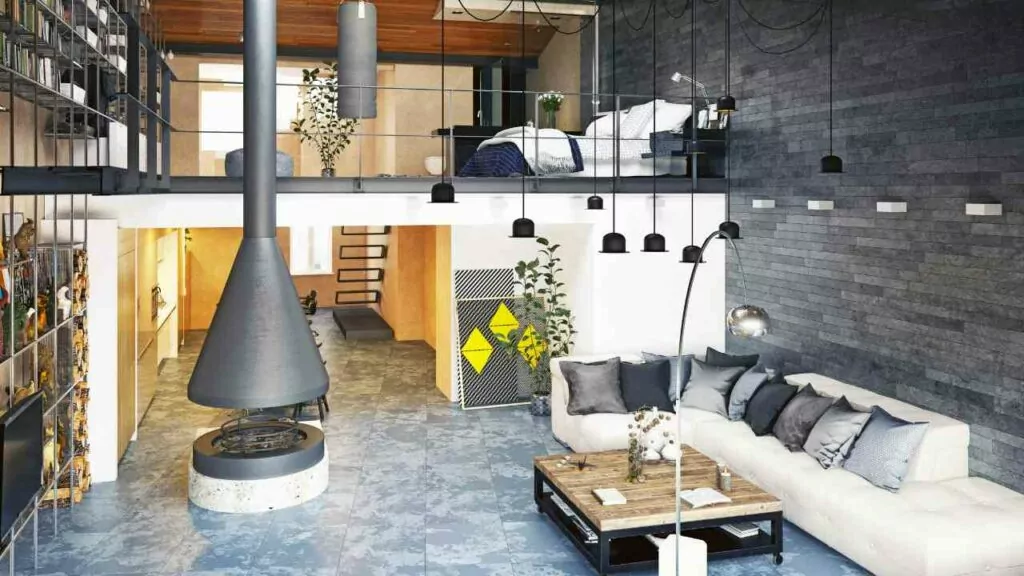 Modern floor to ceiling wood burning fireplace.