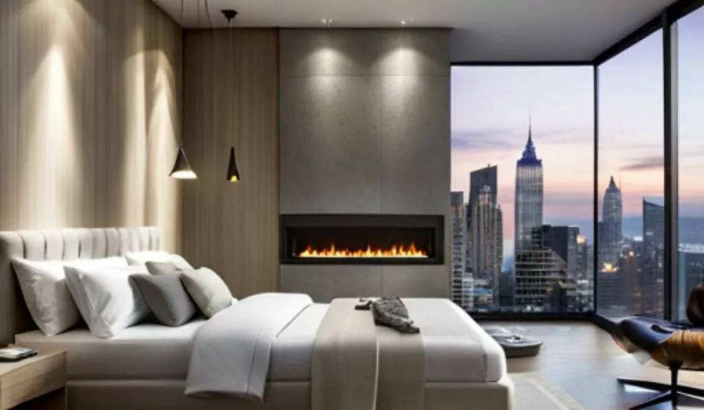 Electric fireplace in a modern bedroom