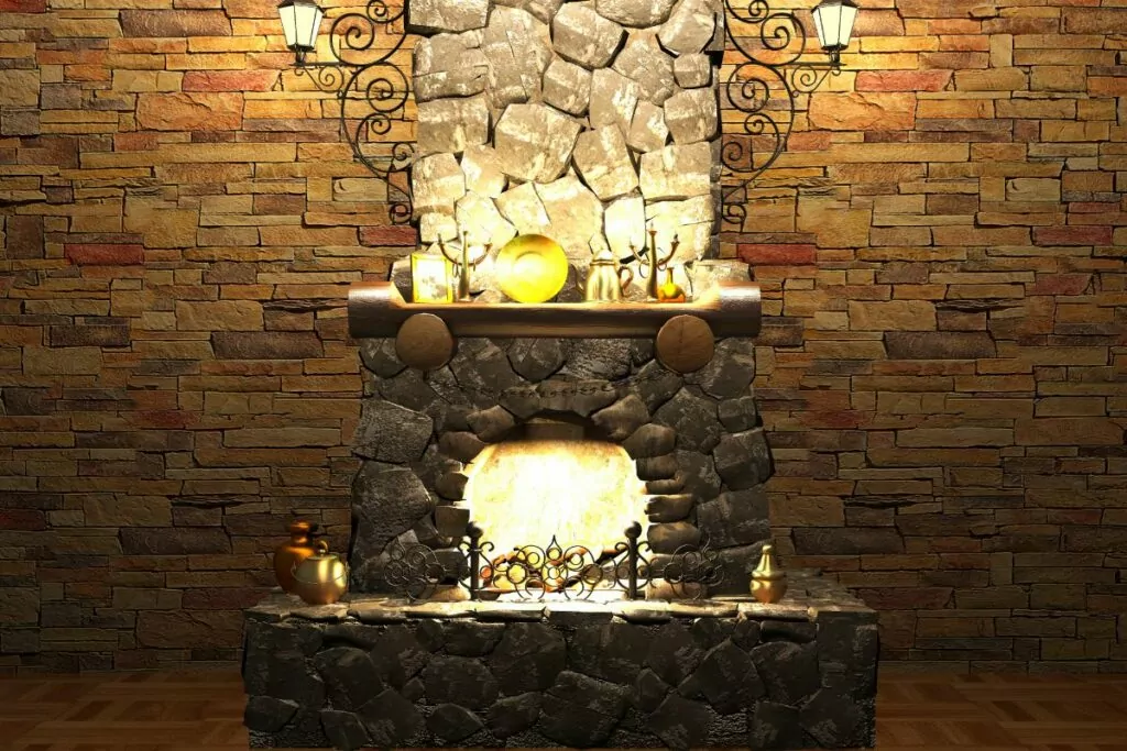 wood burning fireplace with stone vaneer with stone hearth