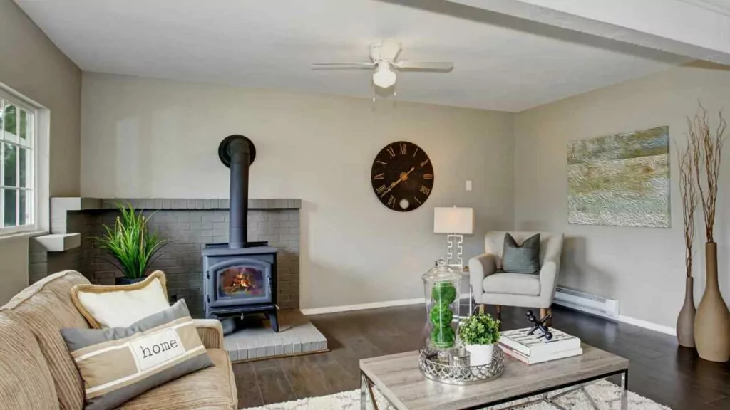 Wood burning fireplace with direct venting through the wall. Grey painted brick fireplace surround and hearth. Wood flooring and sofa.