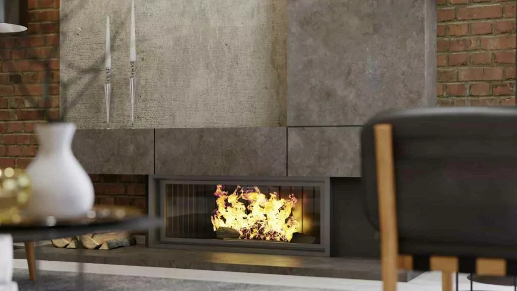 Fireplace wood burning. concrete surround.