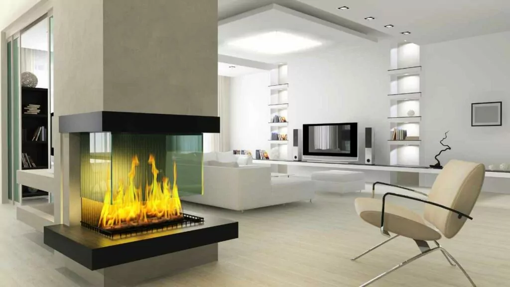 Three sided fireplace, modern room with chair in front of the fire.