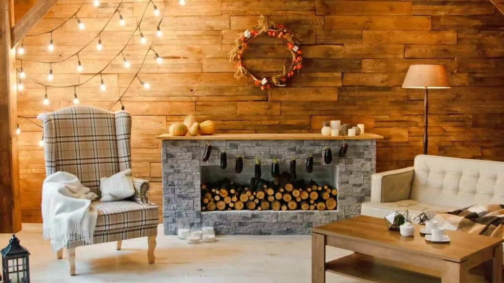 empty fireplace with wood logs stacked. wood paneled walls. mantel with candles. chairs in front of the fire.