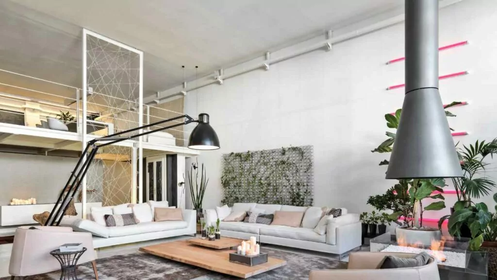 Indusrial stainless steel hanging fireplace.