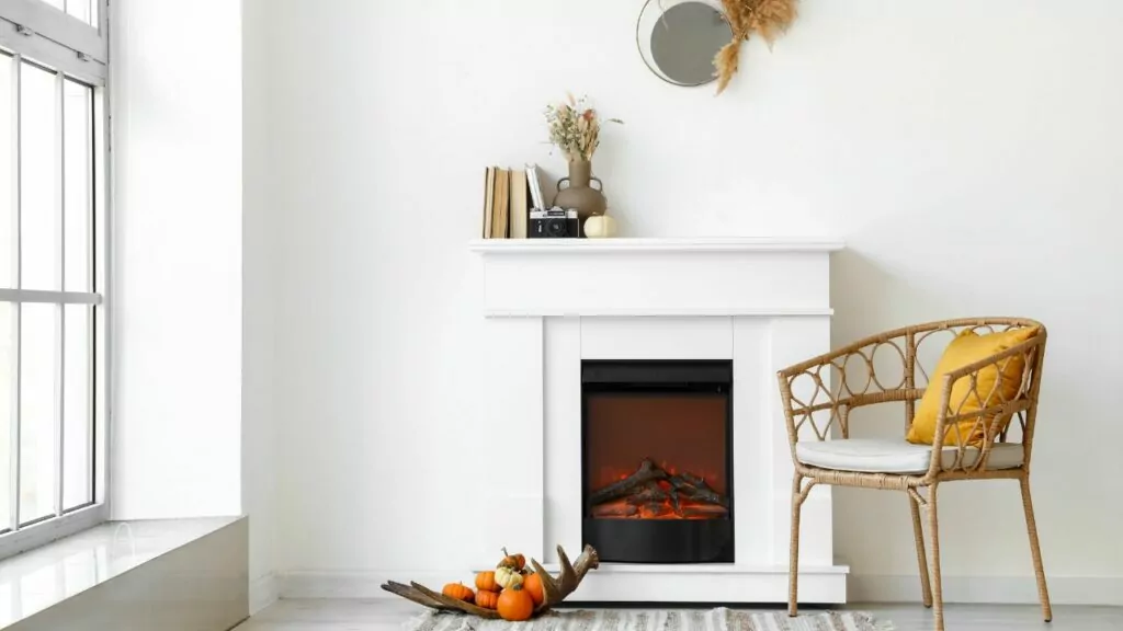 White electric fireplace. Small mirror above mantel. White walls. chair to one side of the fireplace.