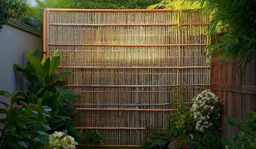 bamboo privacy screen hiding Propane tank in Backyard