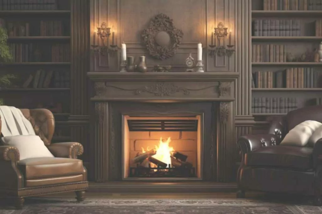 Wood burning fireplace with book shelves either side. Compfy leather seating in front